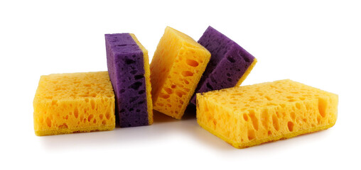 Bright yellow and purple sponges isolated on a white background. Sponge for washing dishes.