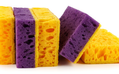 Bright yellow and purple sponges on a white background. Sponge for washing dishes.