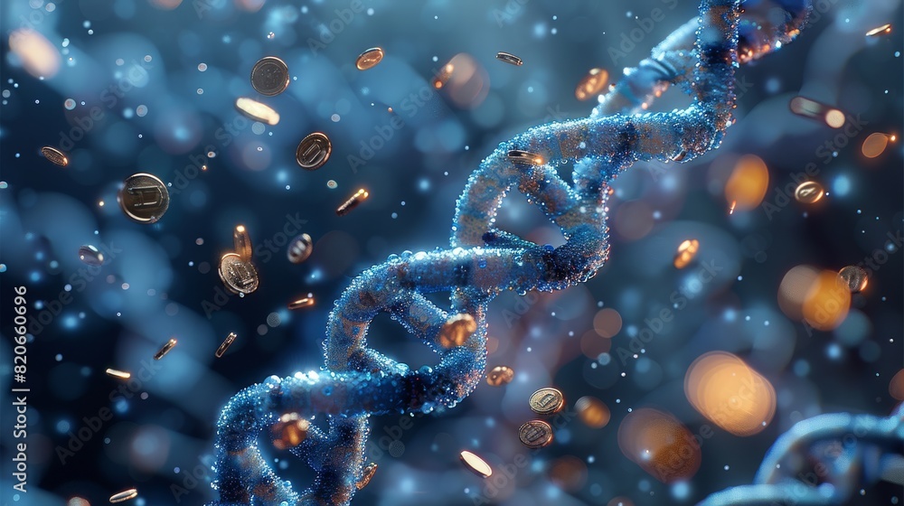 Poster A double-helix strand of DNA, with spinning coin inside each twist of the helix. The coins are spinning on edge to give the appearance that the swaying stack of coins is intermingled. Generative AI.