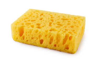 A very beautiful and bright yellow dishwashing sponge isolated on a white background.