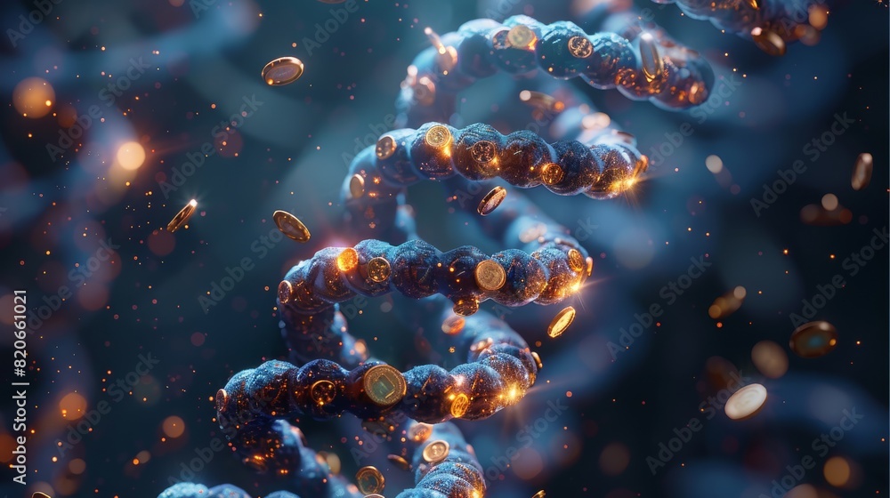 Fototapete A double-helix strand of DNA, with spinning coin inside each twist of the helix. The coins are spinning on edge to give the appearance that the swaying stack of coins is intermingled. Generative AI.