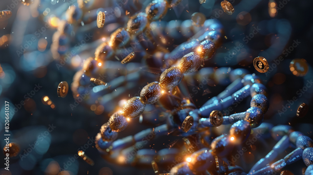 Fototapete A double-helix strand of DNA, with spinning coin inside each twist of the helix. The coins are spinning on edge to give the appearance that the swaying stack of coins is intermingled. Generative AI.