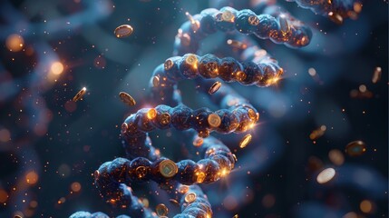 A double-helix strand of DNA, with spinning coin inside each twist of the helix. The coins are spinning on edge to give the appearance that the swaying stack of coins is intermingled. Generative AI.