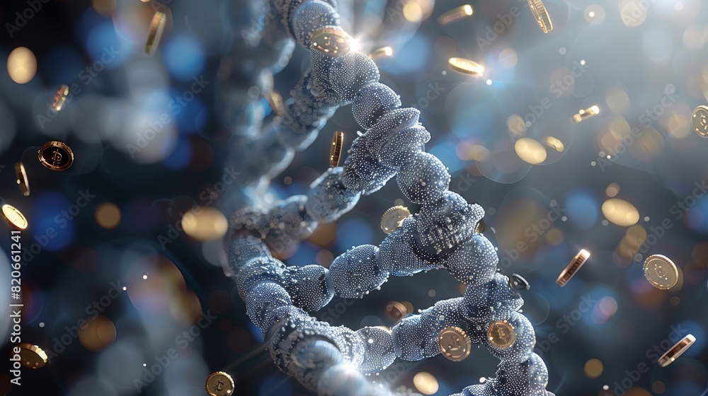 Poster A double-helix strand of DNA, with spinning coin inside each twist of the helix. The coins are spinning on edge to give the appearance that the swaying stack of coins is intermingled. Generative AI.