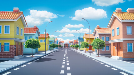 A street in a cartoon town with colorful houses and a blue sky.Generative AI