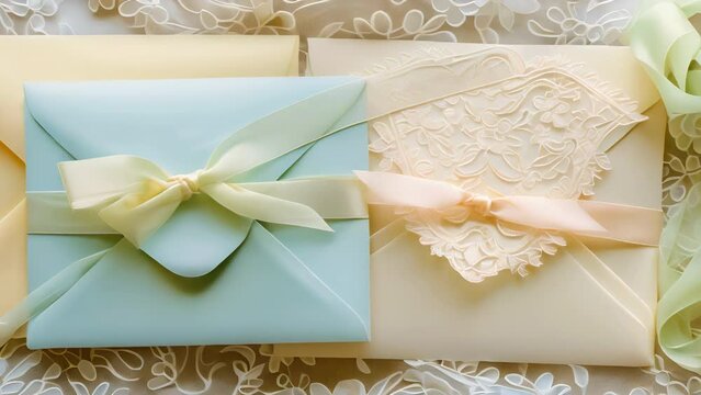 flat lay of pastel wedding invitations, envelopes, and silk ribbons on a lace background