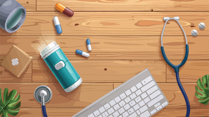Asthma inhaler keyboard stethoscope and pills on wood