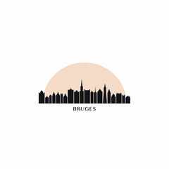 Obraz premium Bruges cityscape skyline city panorama vector flat modern logo icon at sunrise, sunset. Belgium town travel emblem idea with landmarks and building silhouettes. Isolated simple graphic