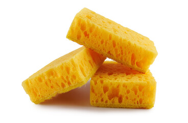 Several yellow sponges for washing dishes isolated on a white background. Household cleaning sponge.