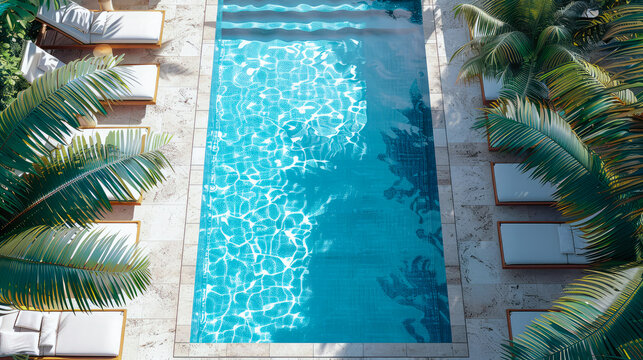 Lounge chairs with umbrellas near swimming pool on sunny day, top view.Generative AI