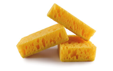 Several yellow sponges for washing dishes isolated on a white background. Household cleaning sponge.