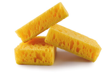 Several yellow sponges for washing dishes isolated on a white background. Household cleaning sponge.