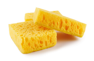 Several yellow sponges for washing dishes isolated on a white background. Household cleaning sponge.