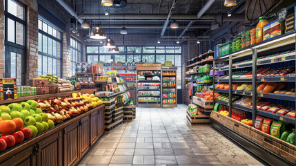 Fototapeta premium Shot of a empty aisle in a supermarket.Generative AI