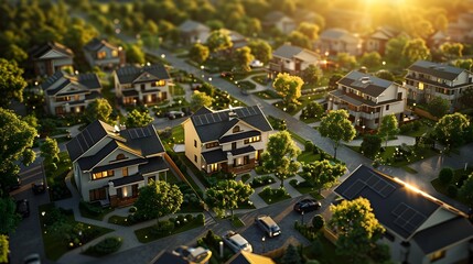 Radiant Suburban Neighborhood with Gleaming Solar-Powered Rooftops
