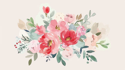 Baby pink red green watercolor flowers bouquet Vector