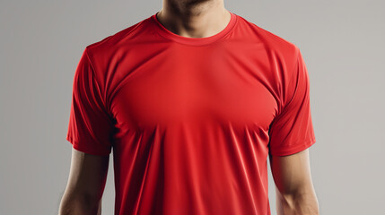 Fototapeta premium Close-Up Of A Man Wearing A Red Athletic T-Shirt With Minimal Wrinkles, Mocup