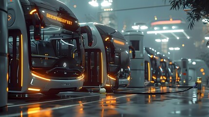 Futuristic Electric Buses Lining Up to Charge at High-Tech Eco-Friendly Charging Station in Vibrant City Scene