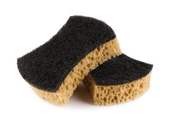Two beautiful curly sponges for washing dishes isolated on a white background. Household cleaning sponge.