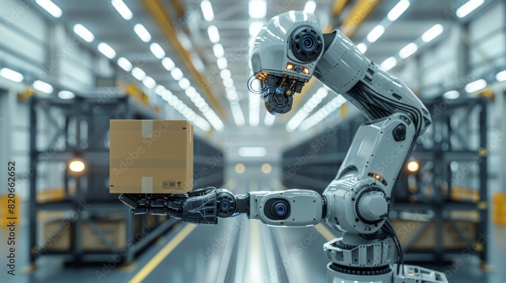 Fototapete modern completely black logistic unloading robot arm holding a box, with details wires and gears in 