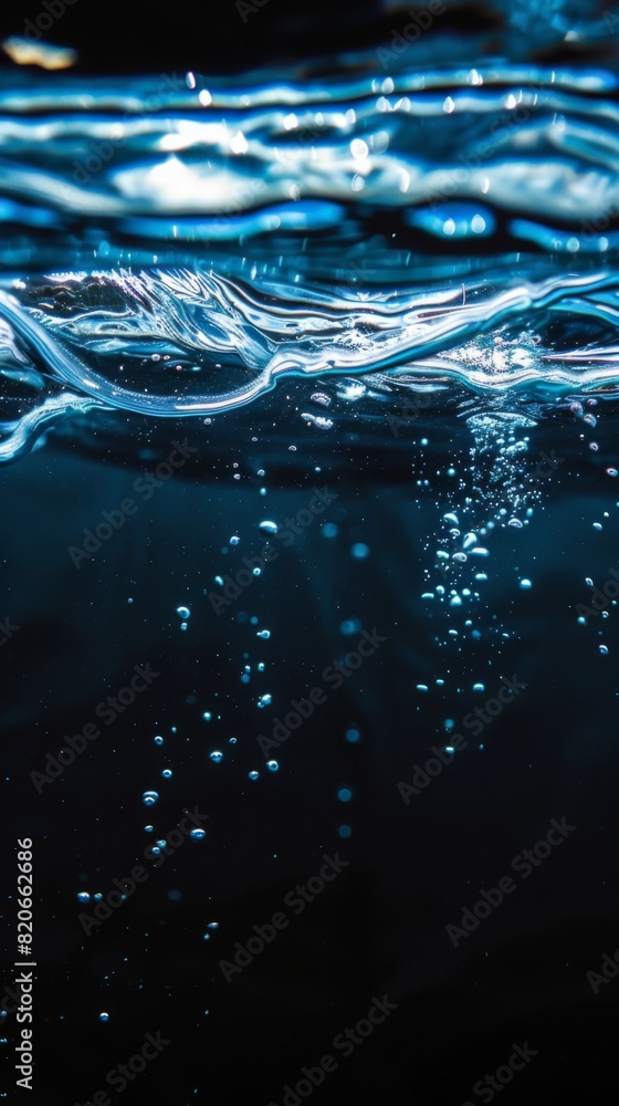 Poster close-up view of water bubbles forming on a sleek black surface, creating an elegant and mesmerizing