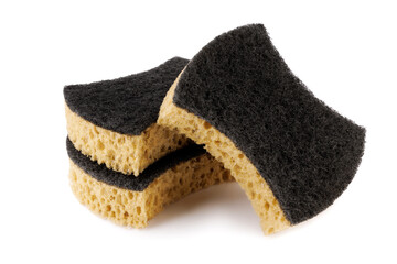 Three beautiful curly dishwashing sponges isolated on a white background. Household cleaning sponge.