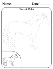 Horse Printable Activity Page for Kids. Educational Resources for School for Kids. Kids Activity Worksheet. Trace and Color the Shape
