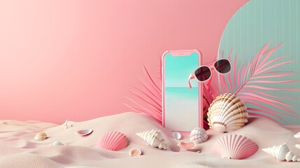 a smartphone mockup on the sand with sunglasses and seashells