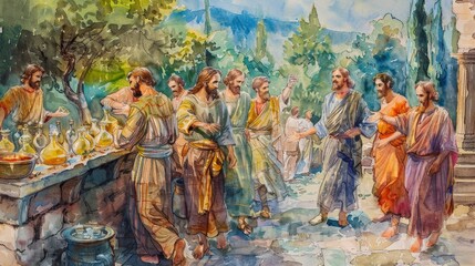 Watercolor Biblical Illustration of The Wedding at Cana with Jesus Turning Water into Wine, Ideal for Themes of Transformation and Miracles