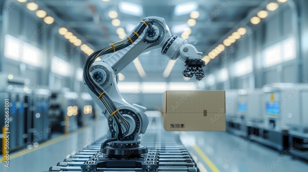 Fototapete Modern completely black logistic unloading robot arm holding a box, with details wires and gears in white hangar. Generative AI.