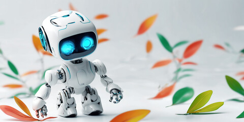 Cute AI robot with eco leaves 3d illustration, cyborg with mechanisms artificial intelligence concept