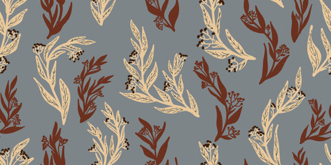 Texture plants, herbs, twigs with leaves. Plant organic pattern. Cartoon style. Hand drawn elements. Vector seamless overlapping pattern. © Naya Chu