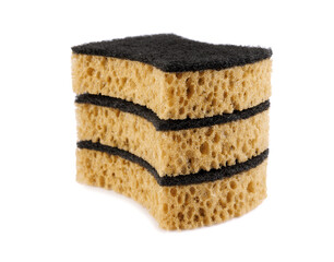 A stack of three beautiful shaped dishwashing sponges isolated on a white background. Household cleaning sponge.