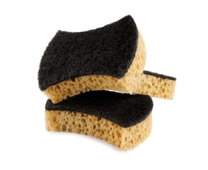 Three beautiful curly dishwashing sponges isolated on a white background. Household cleaning sponge.