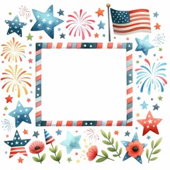Fototapeta premium Fourth of July themed border and frame. watercolor illustration, Perfect for nursery art, simple clipart, single object, white color background.