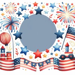 Obraz premium Fourth of July themed border and frame. watercolor illustration, Perfect for nursery art, simple clipart, single object, white color background.