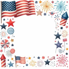 Obraz premium Fourth of July themed border and frame. watercolor illustration, Perfect for nursery art, simple clipart, single object, white color background.