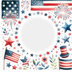 Obraz premium Fourth of July themed border and frame. watercolor illustration, Perfect for nursery art, simple clipart, single object, white color background.