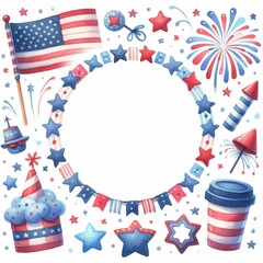 Obraz premium Fourth of July themed border and frame. watercolor illustration, Perfect for nursery art, simple clipart, single object, white color background.