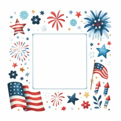 Obraz premium Fourth of July themed border and frame. watercolor illustration, Perfect for nursery art, simple clipart, single object, white color background.