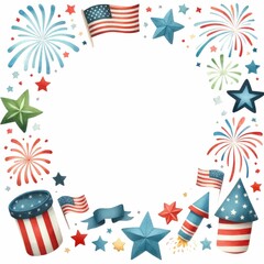 Obraz premium Fourth of July themed border and frame. watercolor illustration, Perfect for nursery art, simple clipart, single object, white color background.
