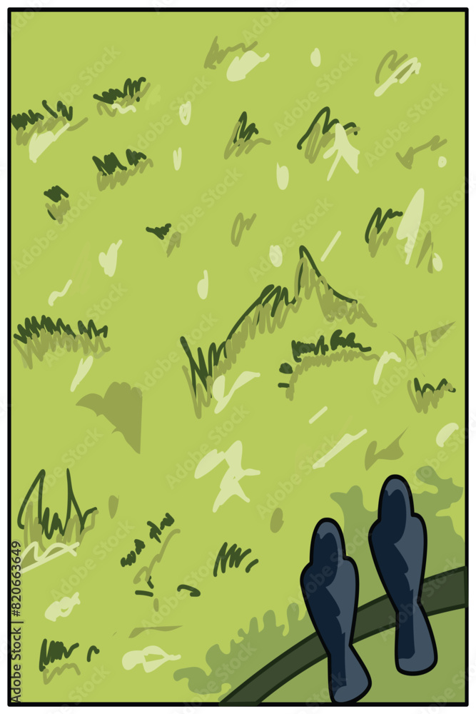 Poster illustration of a background with grass and mountains in the background. graphic design illustration