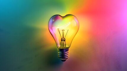 A light bulb in the shape of a heart glowing on a rainbow background