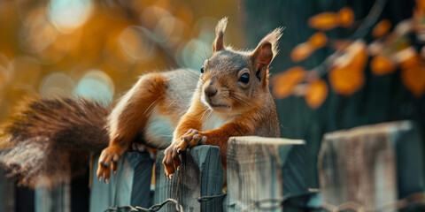 A squirrel is laying on a wooden fence