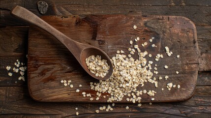 Heap of oatmeal on wooden spoon lying on wooden cutting board. Generative AI
