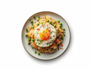 Indonesian food fried rice with shredded chicken and fried eggs, Asian food style