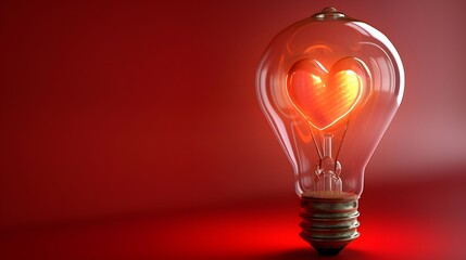 A light bulb in the shape of a heart glowing on a red background