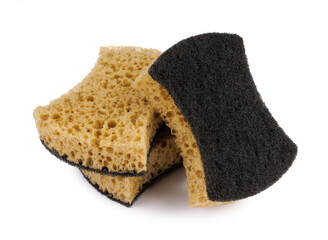 Beautifully arranged curly sponges for washing dishes isolated on a white background. Household cleaning sponge.