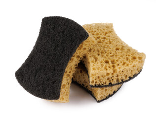 Beautifully arranged curly sponges for washing dishes isolated on a white background. Household cleaning sponge.