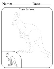 Kangaroo Printable Activity Page for Kids. Educational Resources for School for Kids. Kids Activity Worksheet. Trace and Color the Shape
